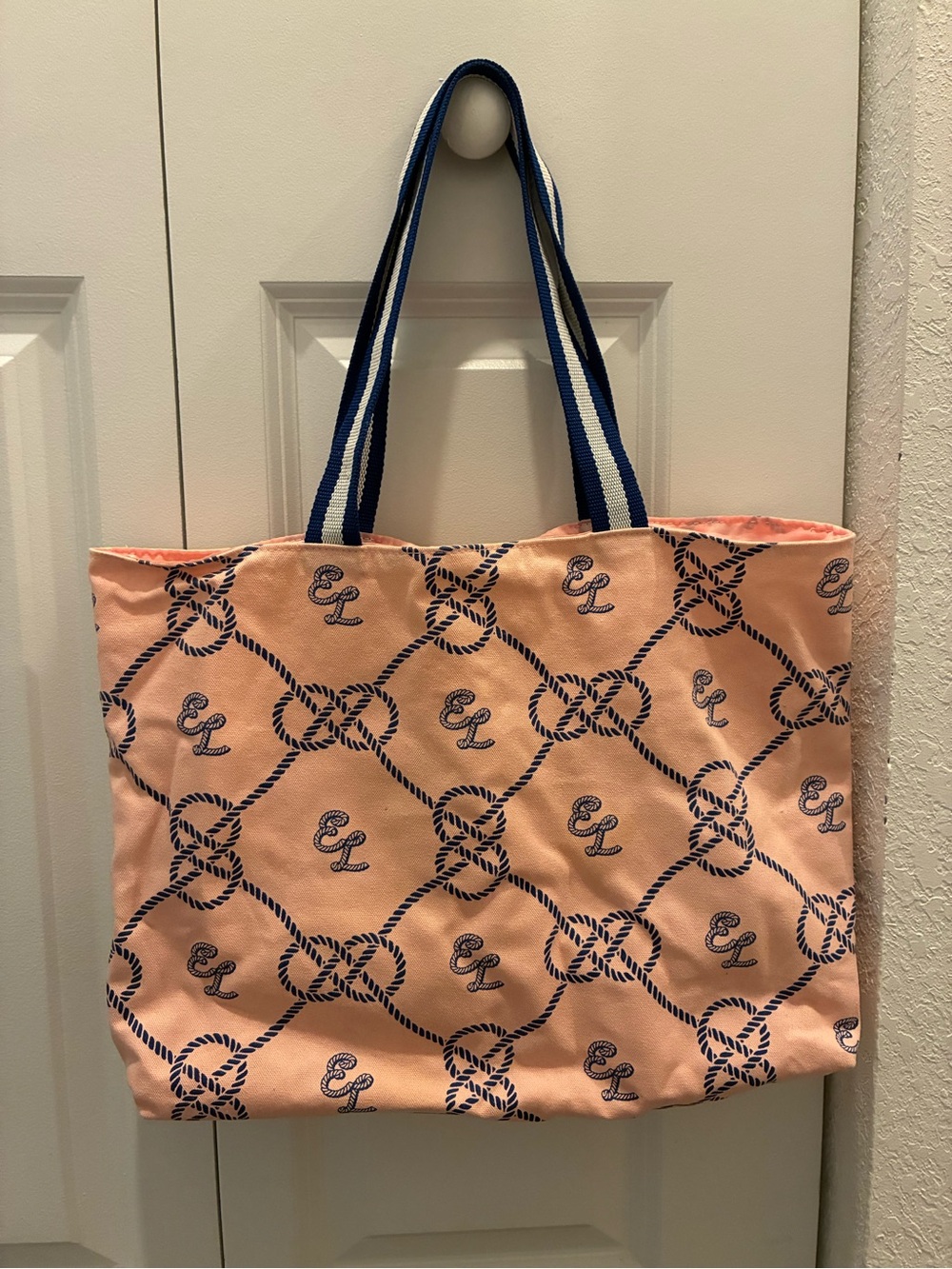 Estee Lauder Peach Canvas Tote with Navy Rope & EL Print